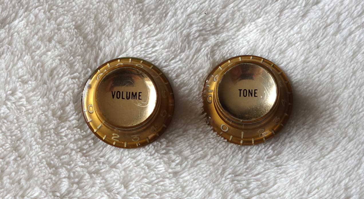 Vintage 1960-61 Gibson Set of 2x Gold Top Reflector Knobs, 1x Volume + 1x Tone