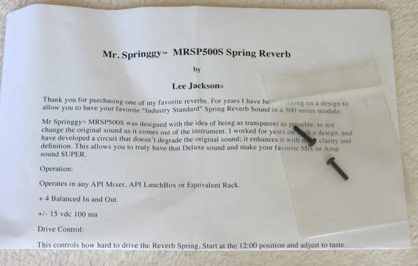 LEE JACKSON Mr. Springgy Reverb MRSP-500S Vintage-Style Spring Reverb for the API 500-Seres Racks and 1806 Consoles