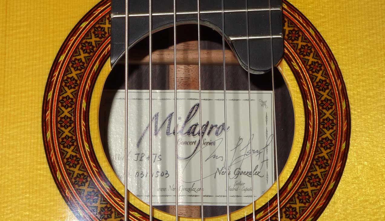 New MILAGRO Master Series JP+7S Classical 7-String Harp Guitar w/Fanned Frets, Sound Port, elevated fingerboard, armrest/bevel, and a biteaway/cutaway